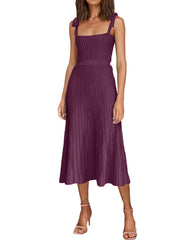 Tie Spaghetti Strap Square Neck Ribbed Knit Dress