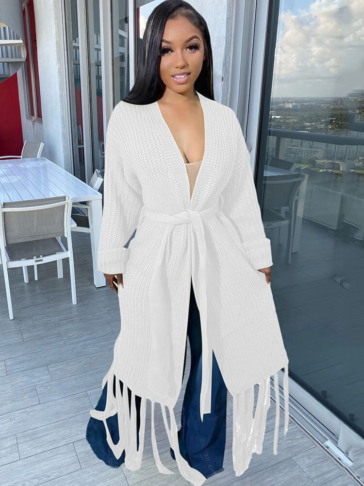 Long Sleeve Solid Color Tassel Cardigan