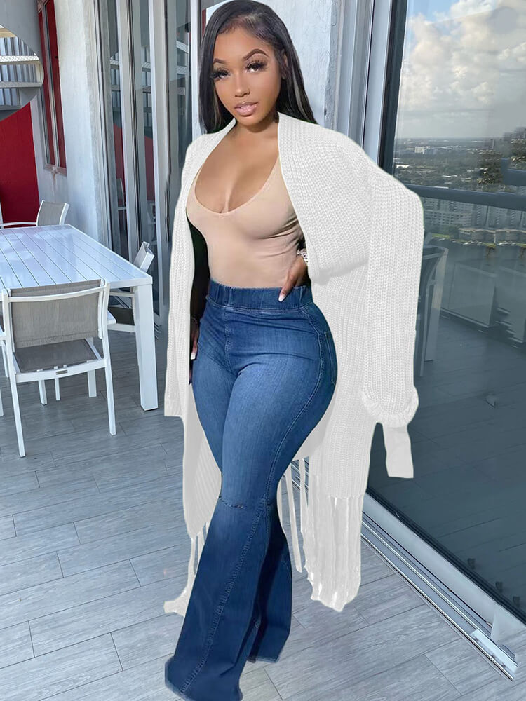 Long Sleeve Solid Color Tassel Cardigan