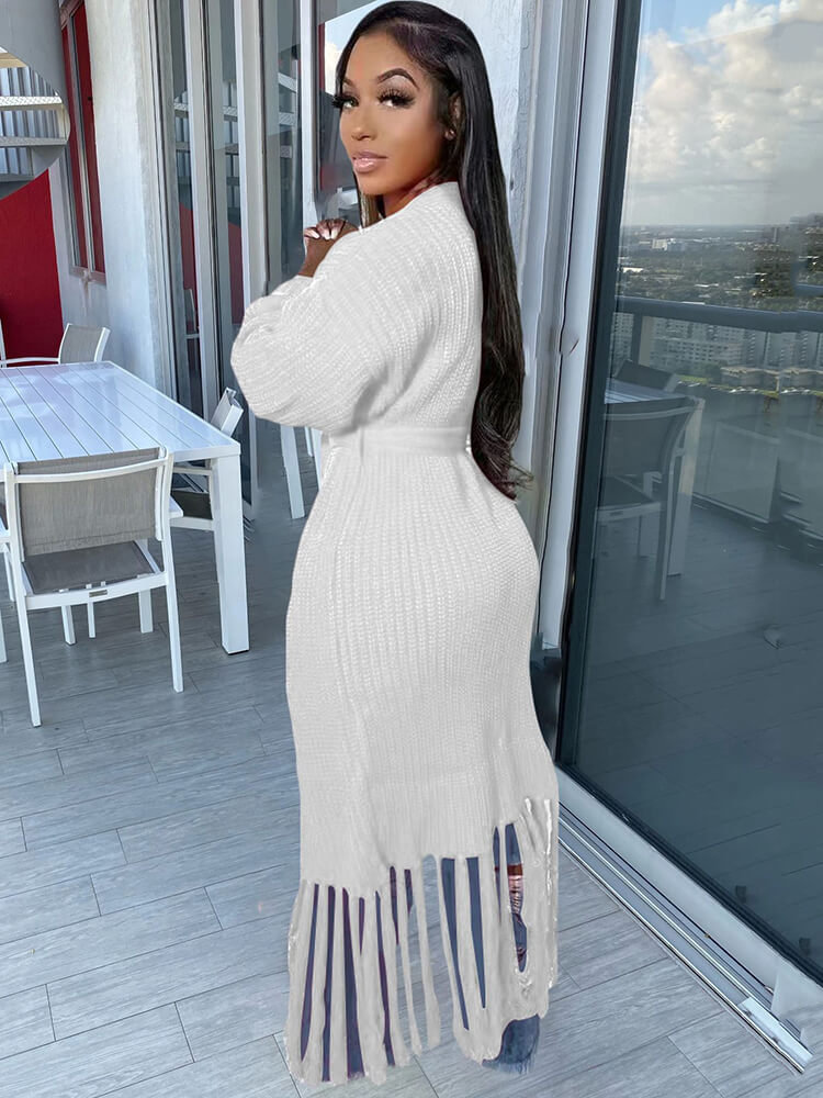Long Sleeve Solid Color Tassel Cardigan