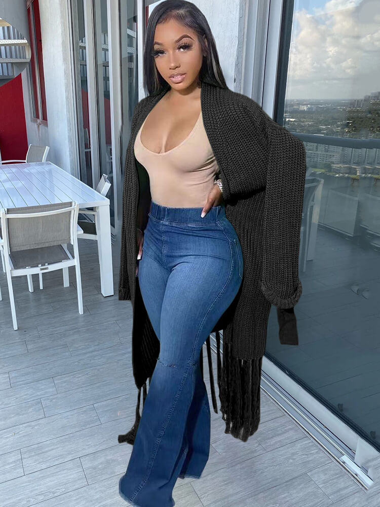 Long Sleeve Solid Color Tassel Cardigan