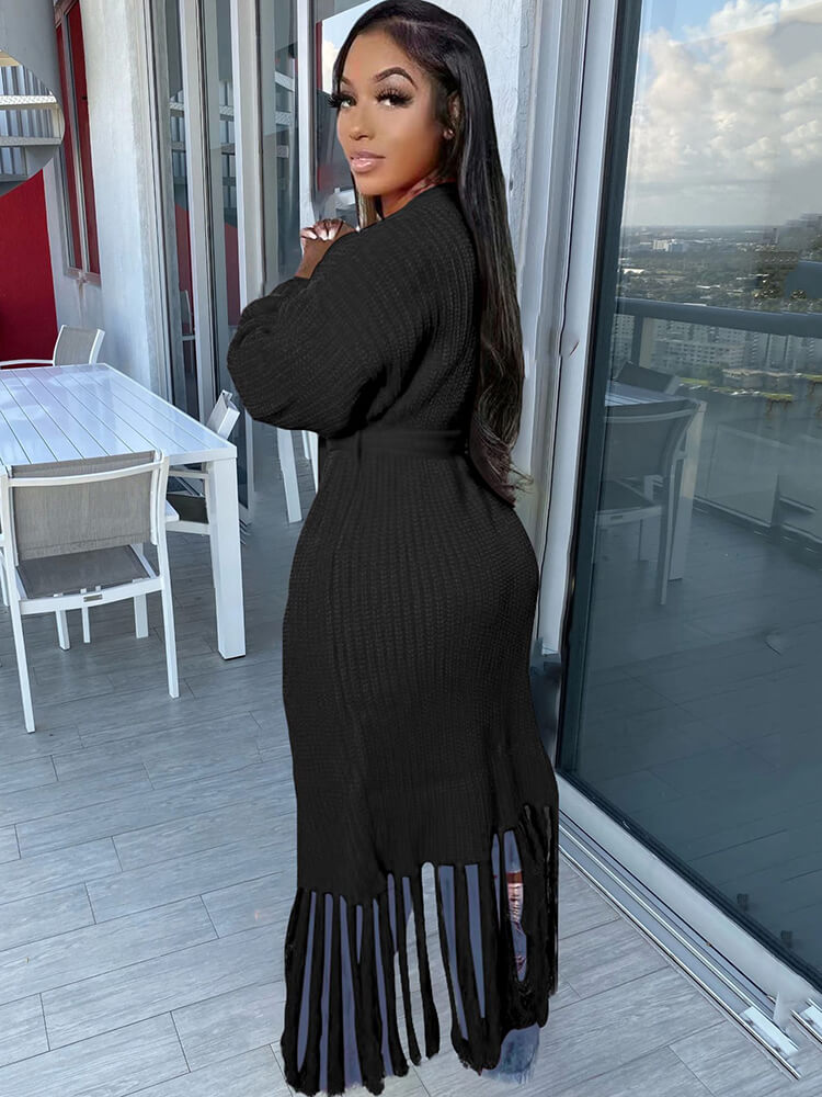 Long Sleeve Solid Color Tassel Cardigan