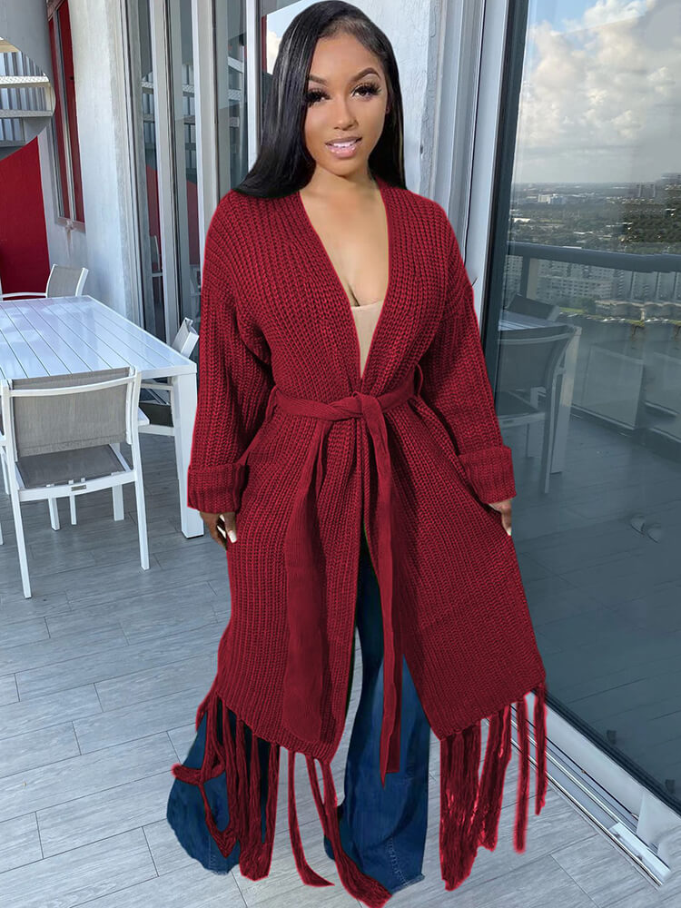 Long Sleeve Solid Color Tassel Cardigan