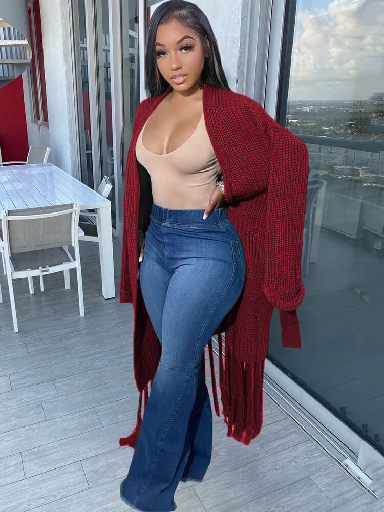 Long Sleeve Solid Color Tassel Cardigan