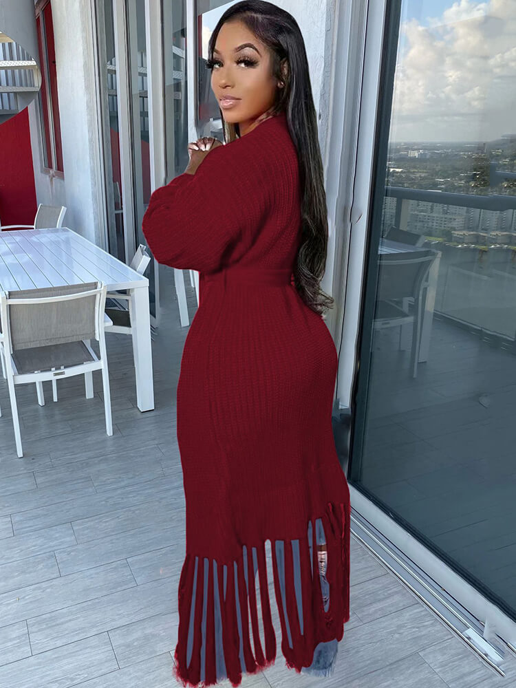 Long Sleeve Solid Color Tassel Cardigan