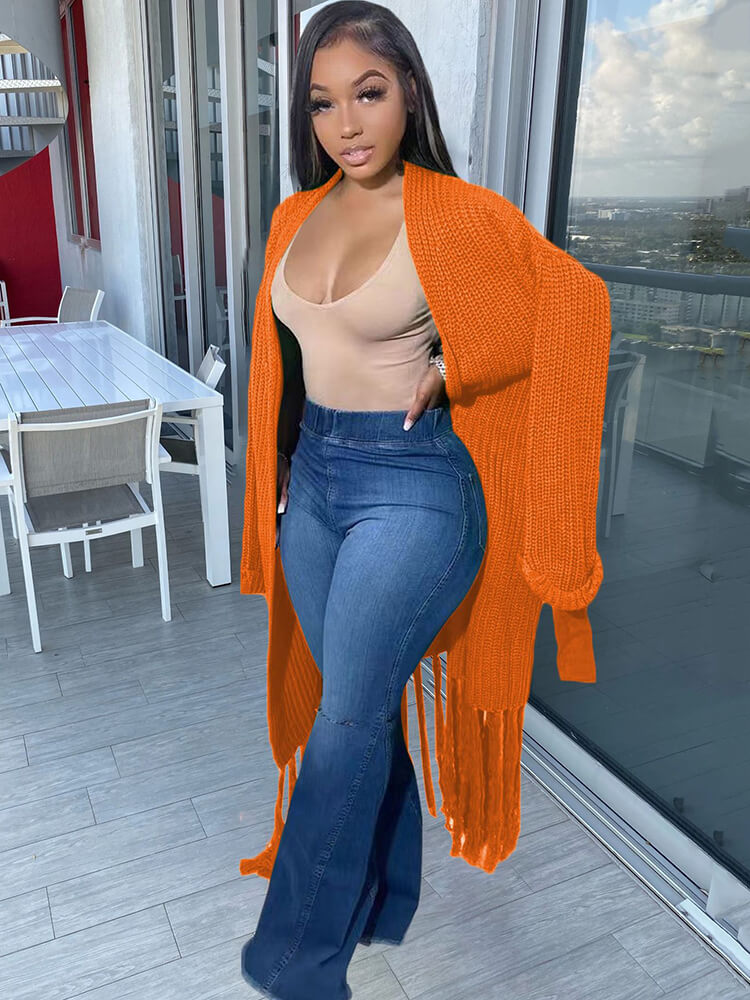 Long Sleeve Solid Color Tassel Cardigan