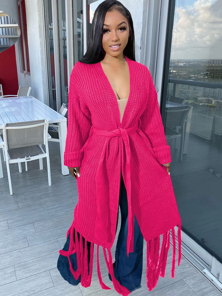 Long Sleeve Solid Color Tassel Cardigan