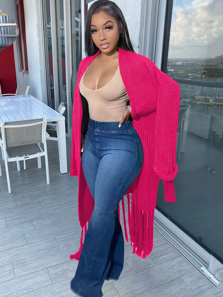 Long Sleeve Solid Color Tassel Cardigan