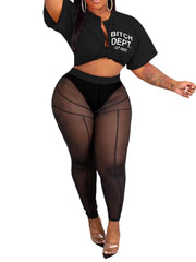 Two Piece Short Sleeve Top Mesh Bodycon Pants