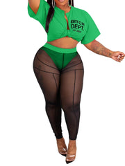 Two Piece Short Sleeve Top Mesh Bodycon Pants
