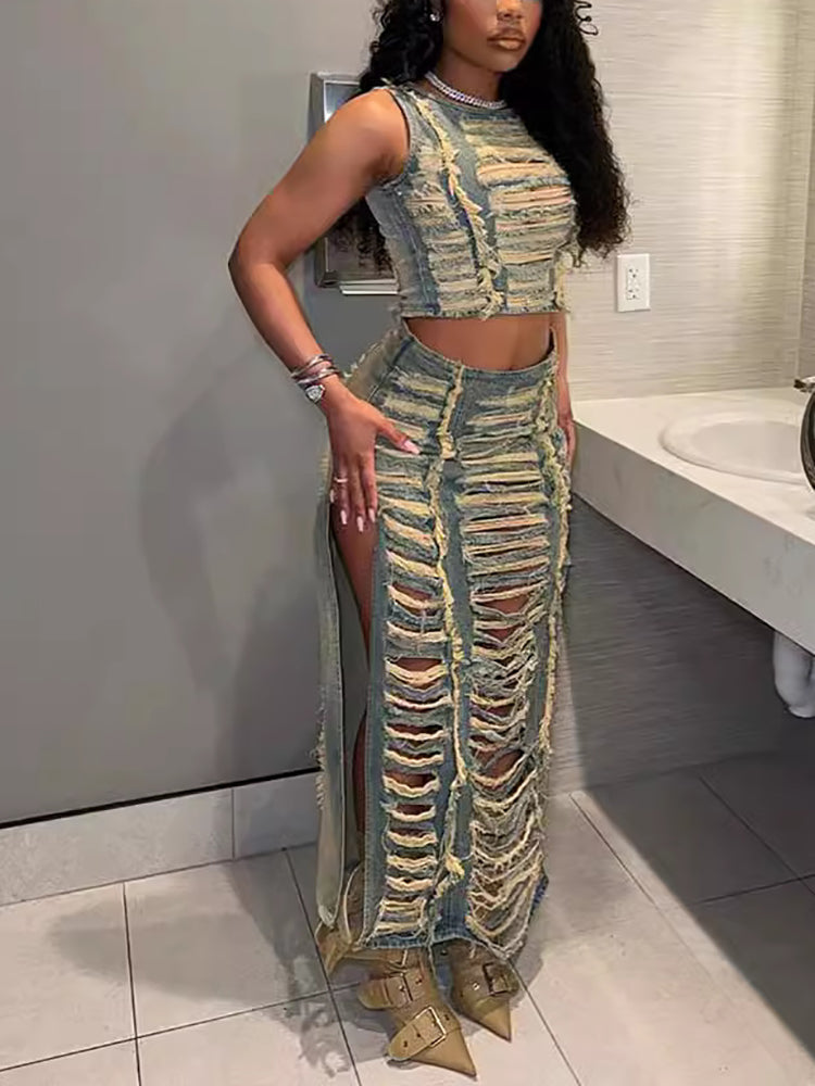 Two-Piece Distressed Denim Tank Top Split Skirt