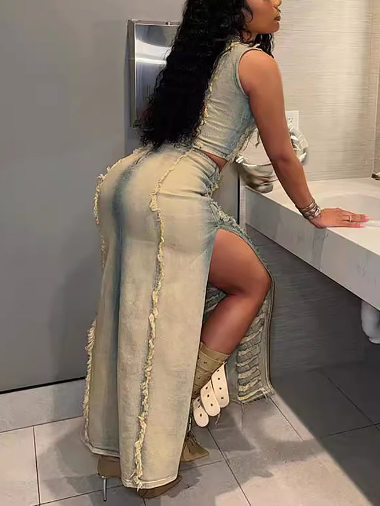 Two-Piece Distressed Denim Tank Top Split Skirt