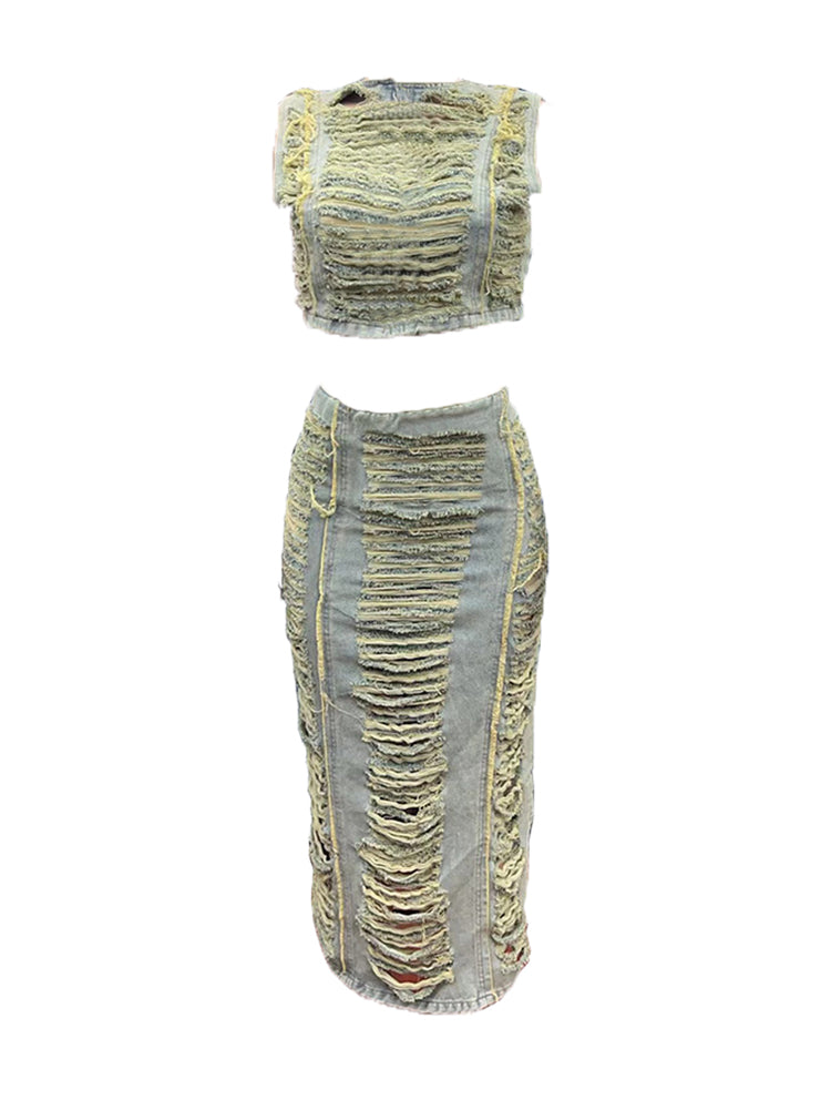 Two-Piece Distressed Denim Tank Top Split Skirt