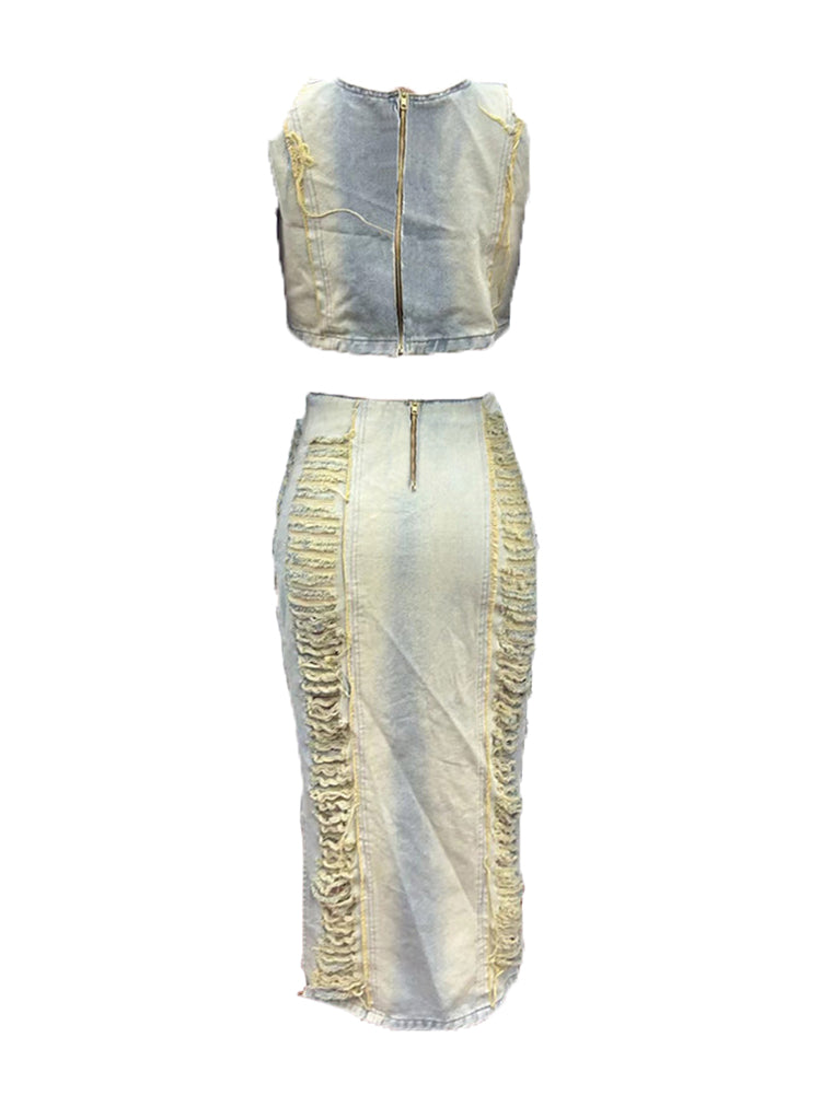 Two-Piece Distressed Denim Tank Top Split Skirt