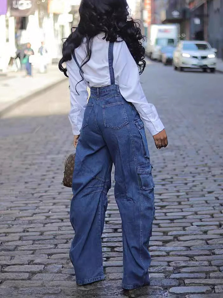 Street Style Multi-Pocket Loose Denim Jumpsuit