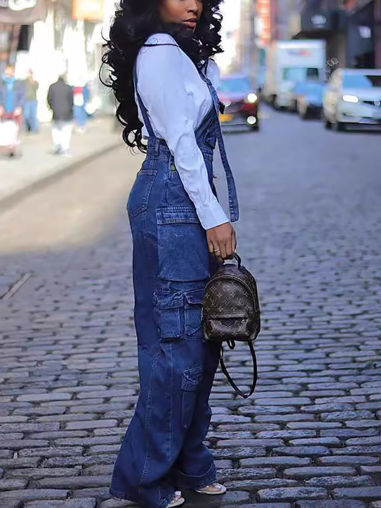 Street Style Multi-Pocket Loose Denim Jumpsuit