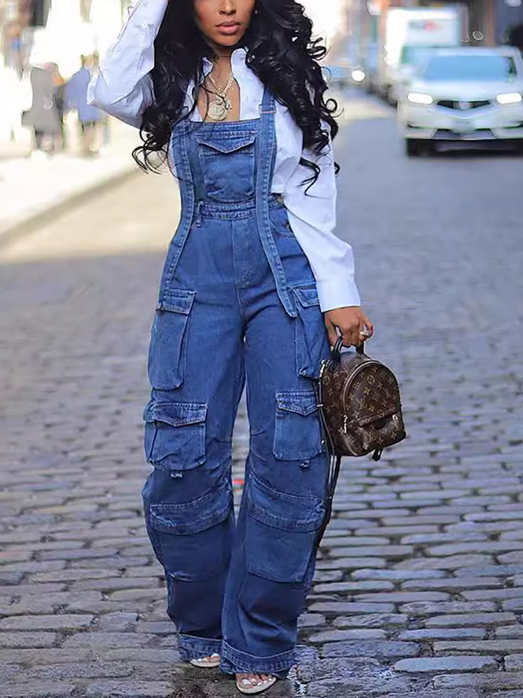 Street Style Multi-Pocket Loose Denim Jumpsuit