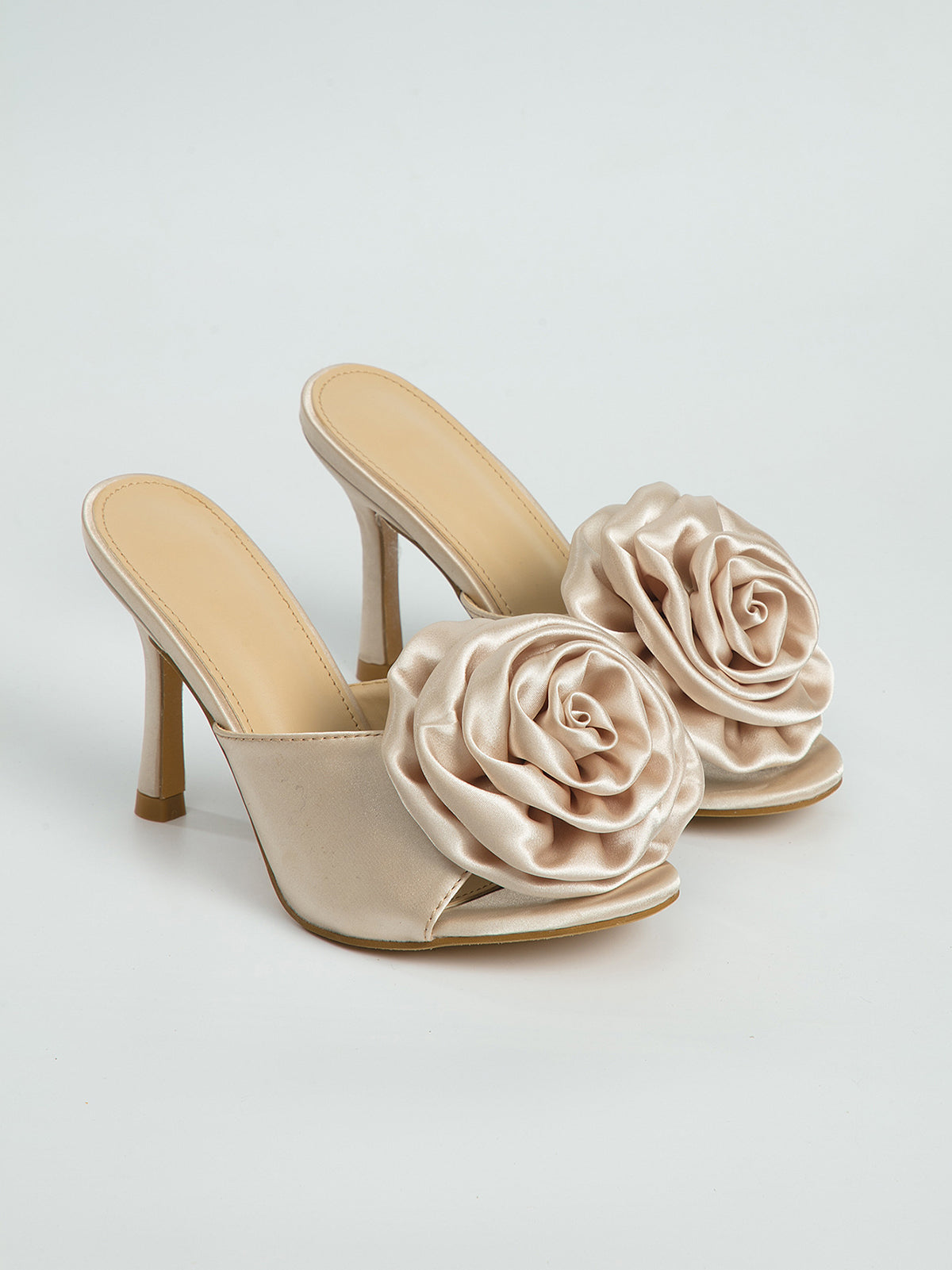 Peep Toe Satin Floral Stiletto Heeled Mules