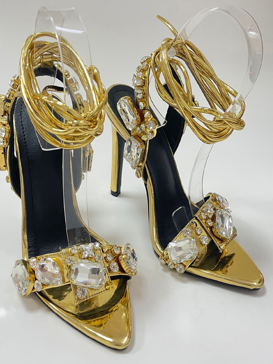 Crisscross Rhinestone Strap High Heel Sandal