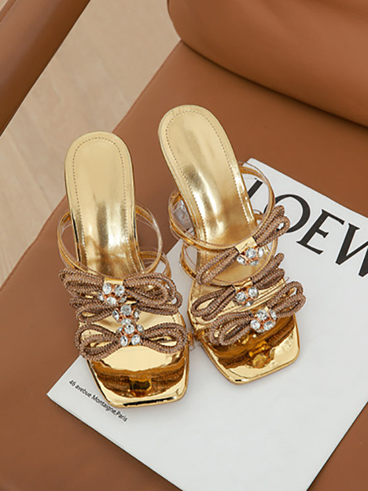 Rhinestone Bow Square Toe High Heel Slide
