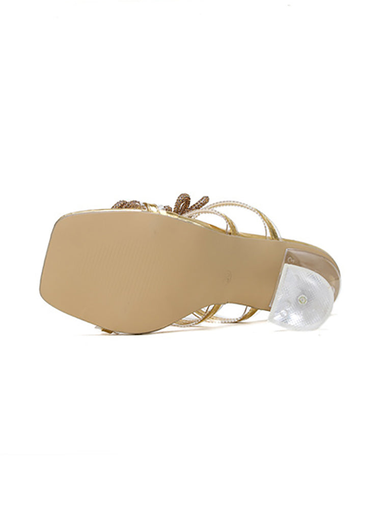 Rhinestone Bow Square Toe High Heel Slide