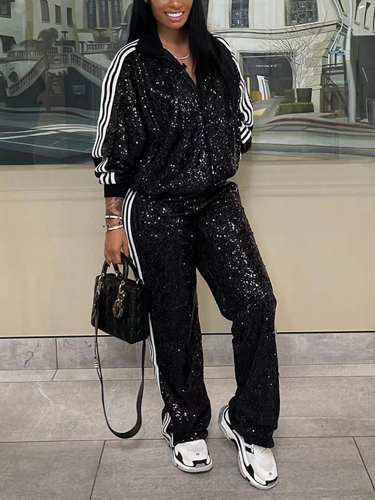 Two-Piece Sequin Jacket Pants Set Tracksuits