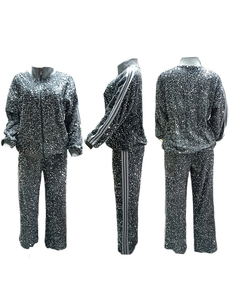 Two-Piece Sequin Jacket Pants Set Tracksuits
