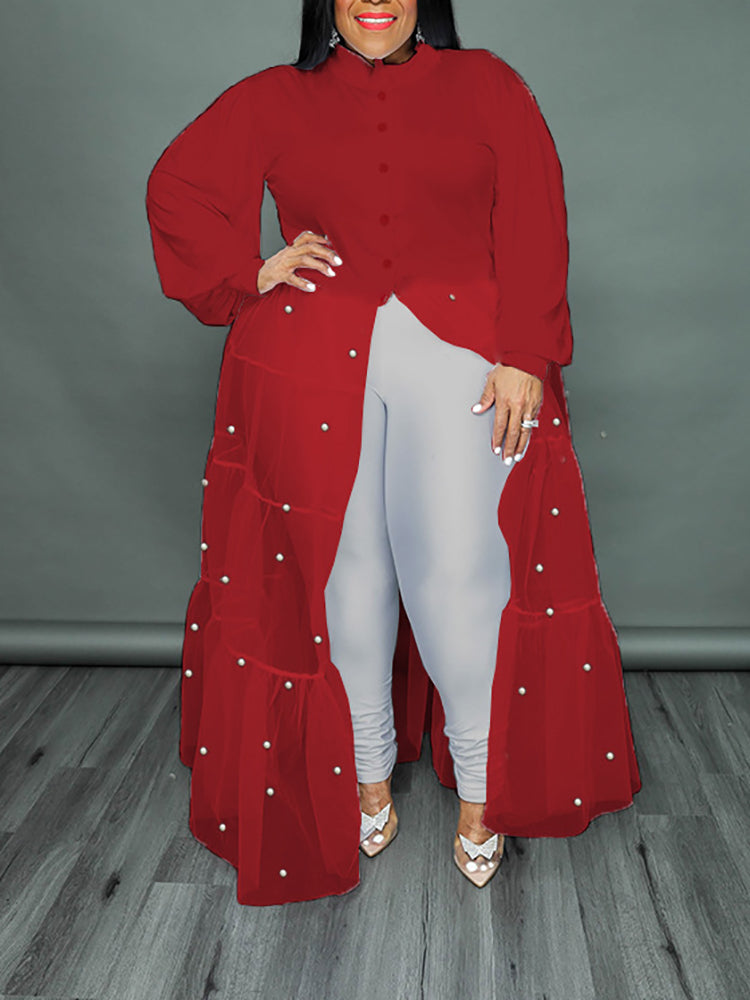 Plus Size Pearl Mesh Patchwork Top