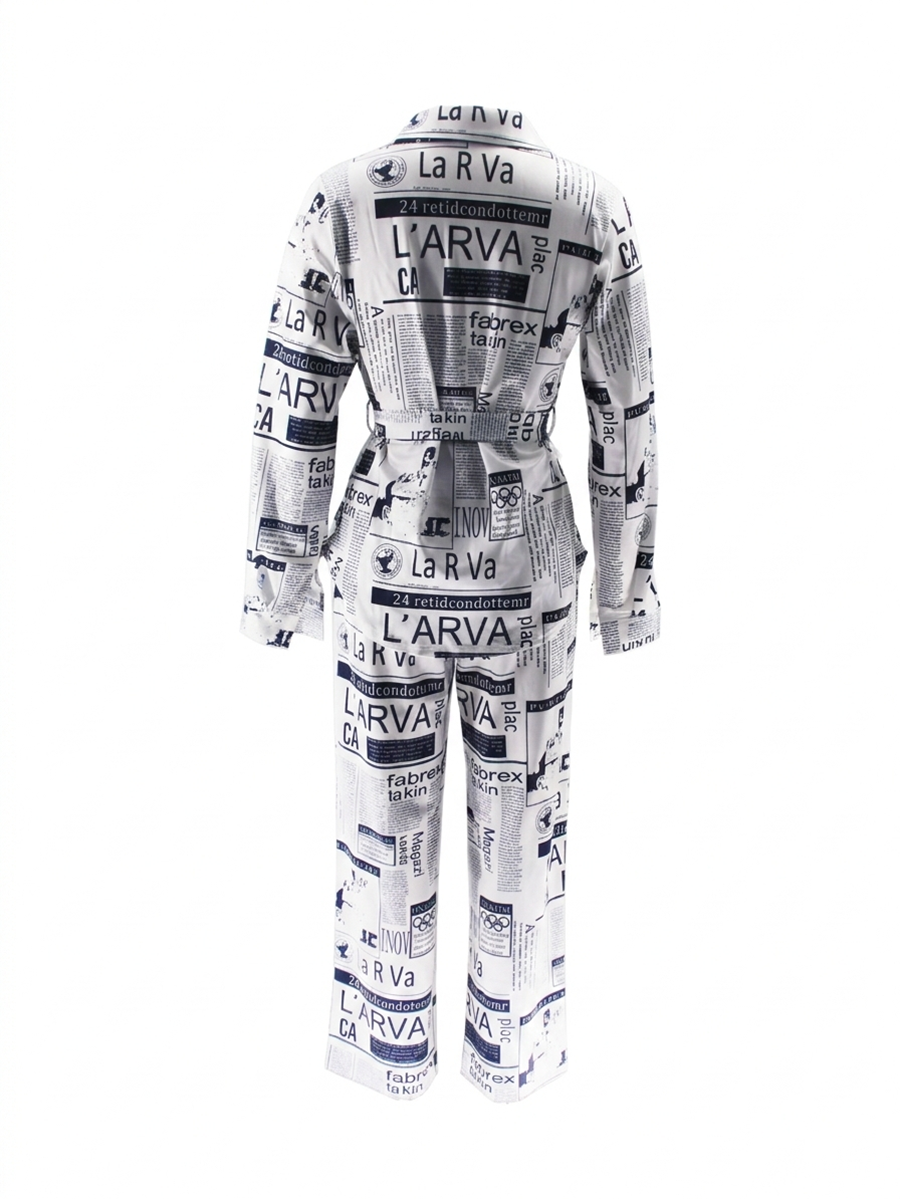 Newspaper Print Blazer Belted Pants Set
