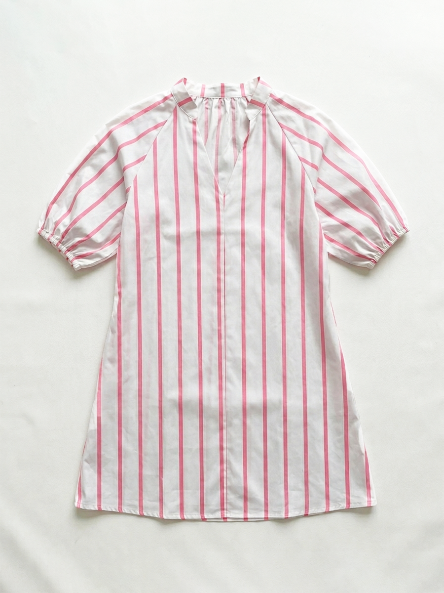 V Neck Stripe Puff Sleeve Mini Dress