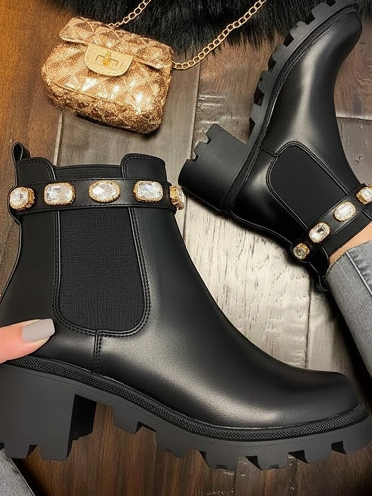 Rhinestone Buckle Platform Chelsea Ankle Boots