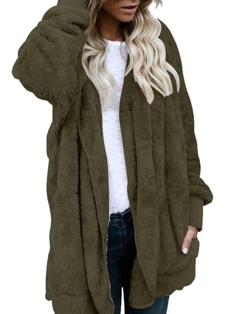 Hooded Cardigan Fluffy Fleece Coat Open Front Jacket
