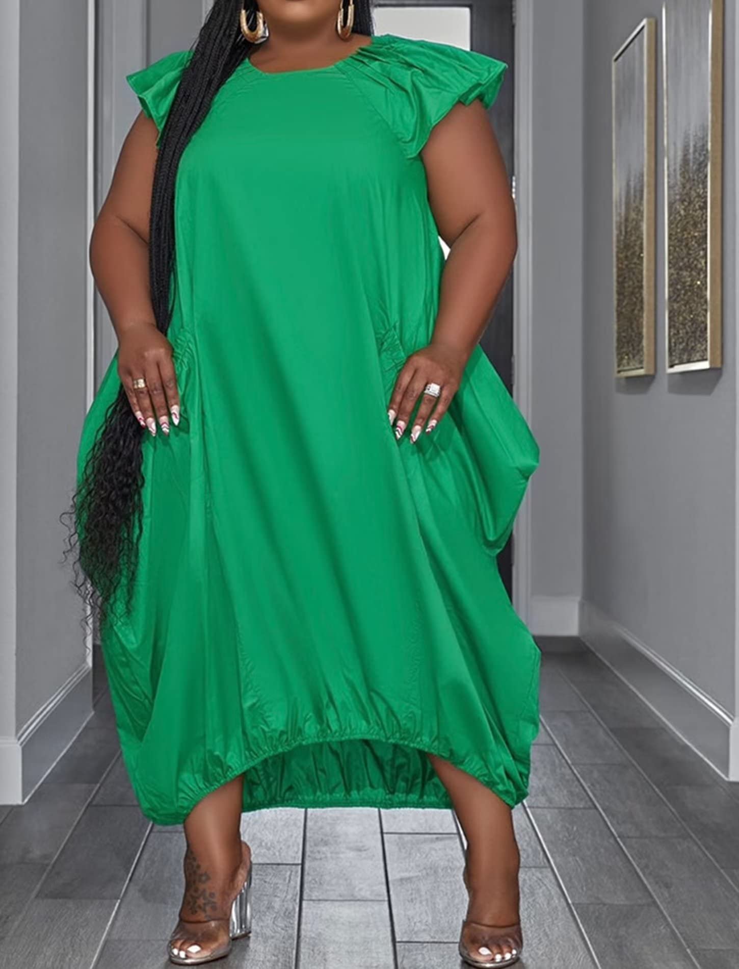 Plus Size Solid Color Ruffle Sleeve Maxi Dress