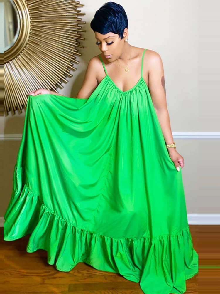 Plus Size Spaghetti Strap Ruffle Beach Maxi Swing Dress