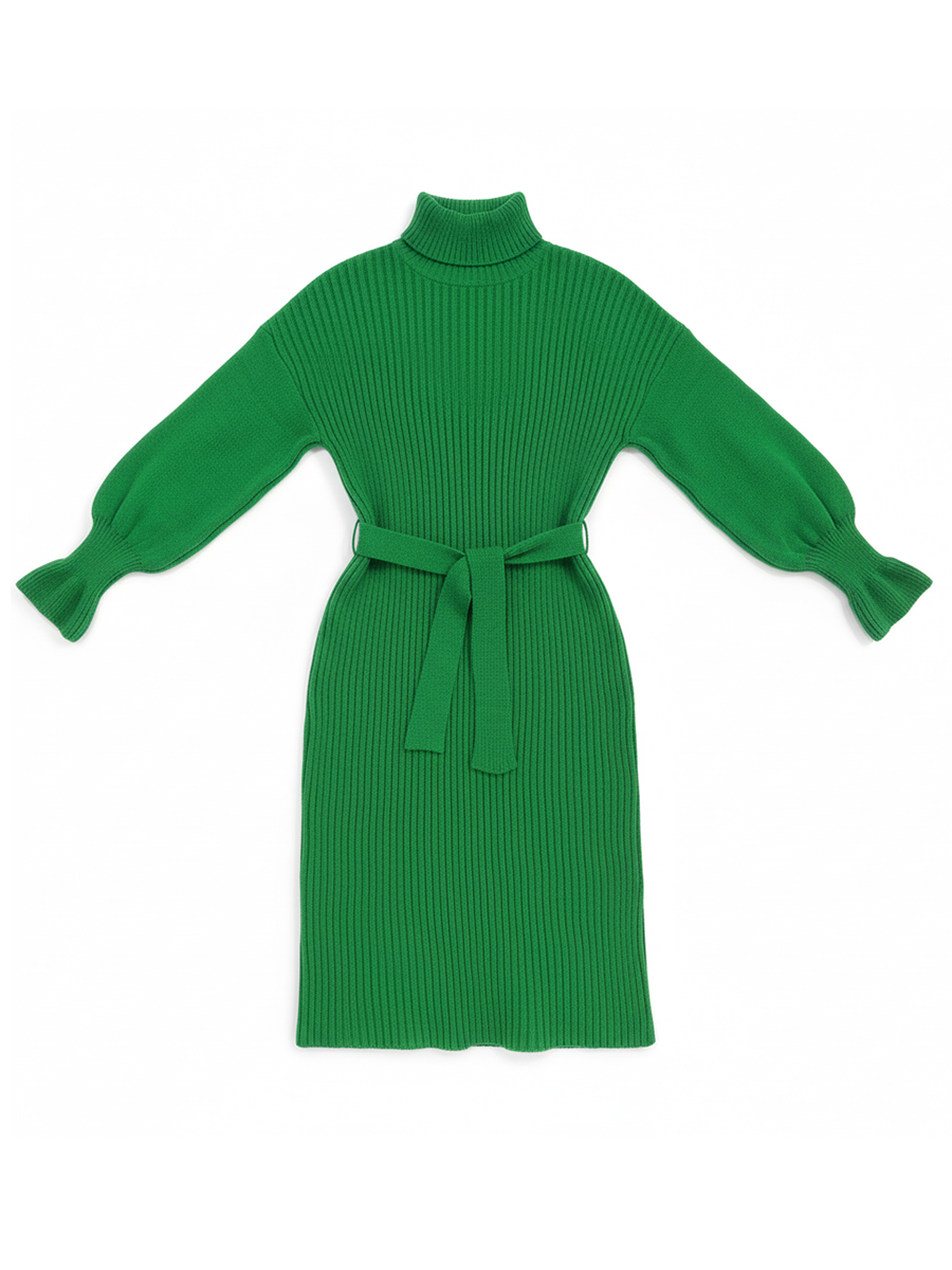 Robe midi en maille côtelée à col roulé et ceinture