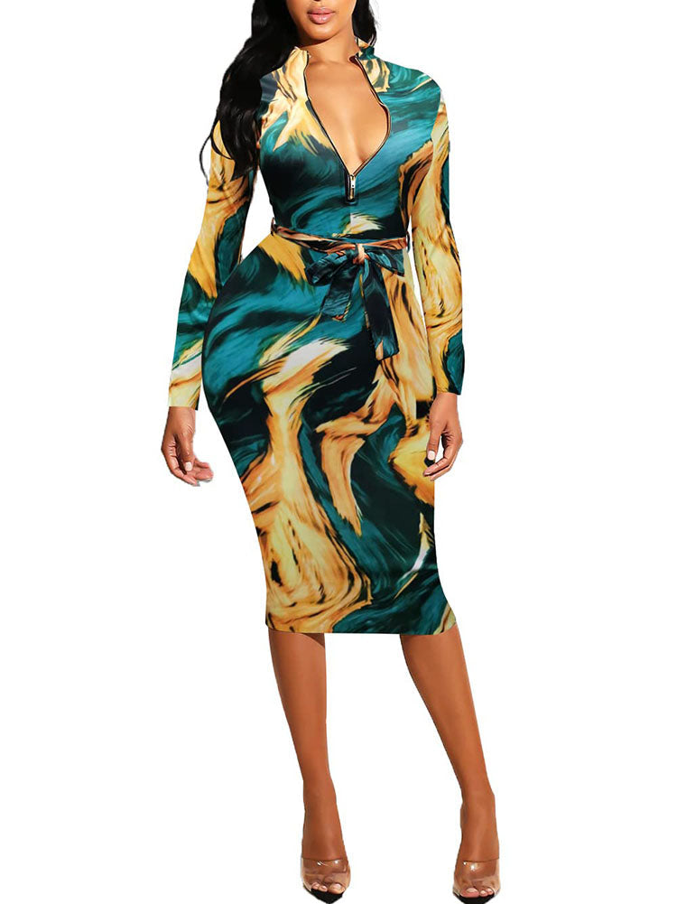 Floral Print Long Sleeve Belted Midi Dress