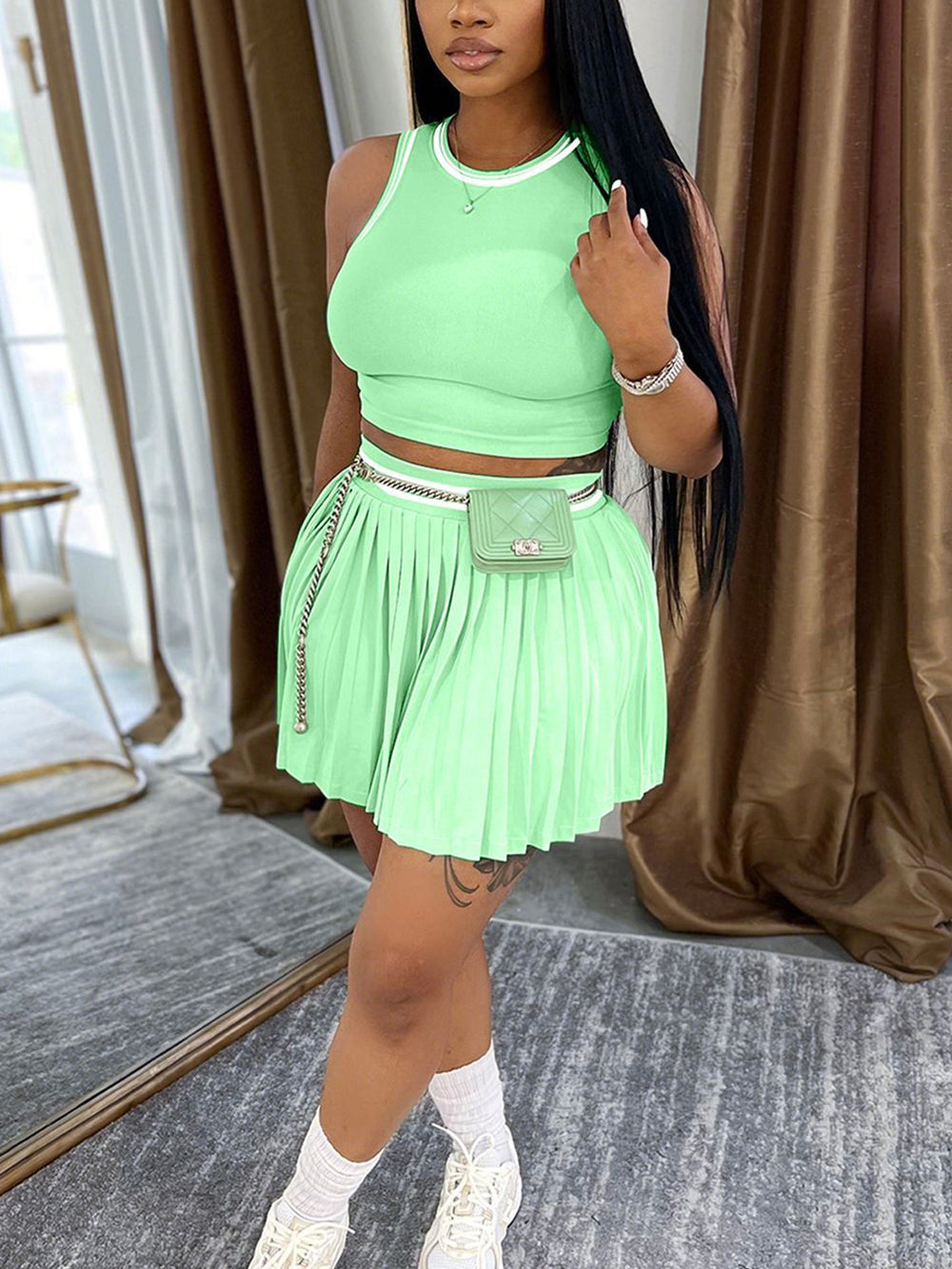 Sleeveless Crop Top Pleated Skirt Set