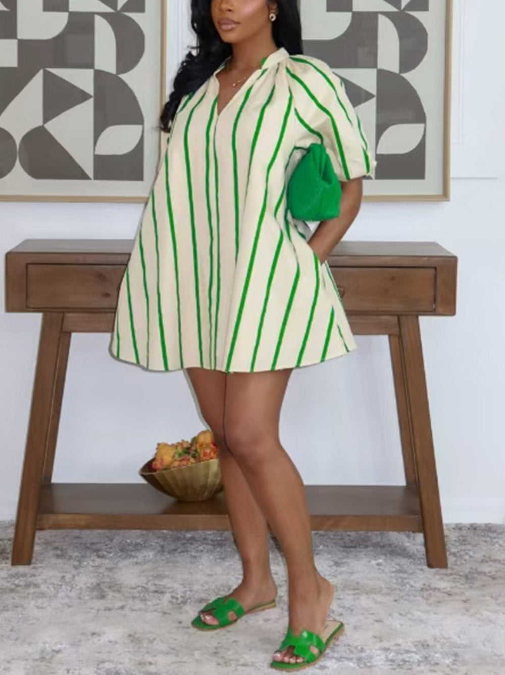 V Neck Stripe Puff Sleeve Mini Dress