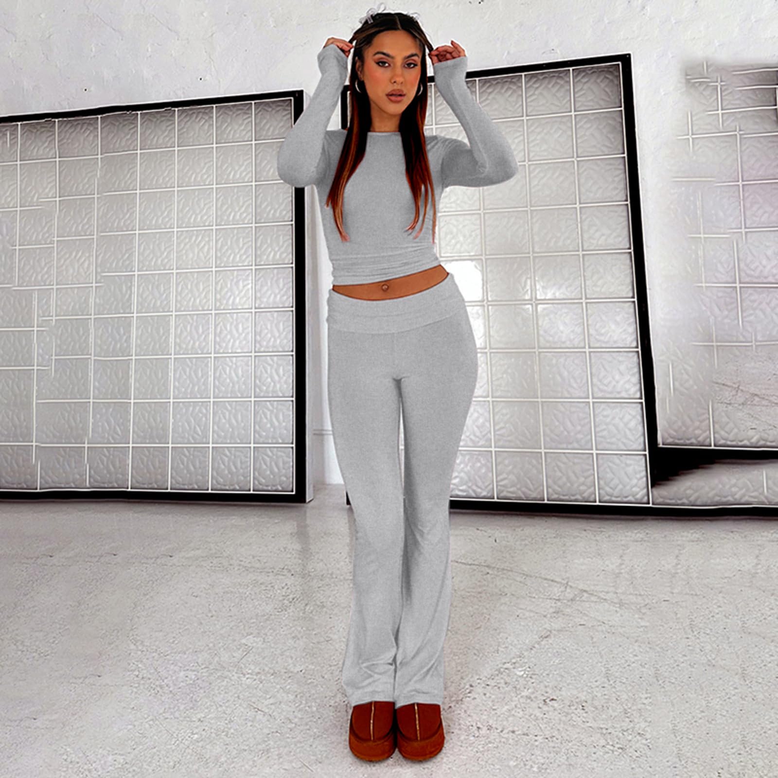 Two Piece Long Sleeve Tops Flare Leggings