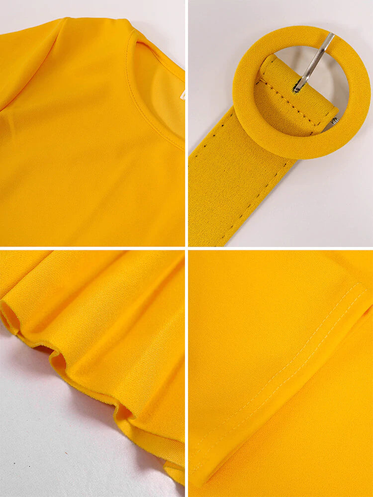 Short Sleeve Solid Color Pleated Midi Dress with Belt