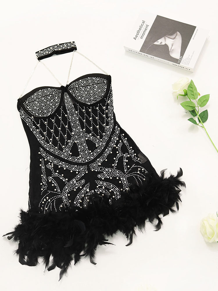 Rhinestone Feathers Halter Neck Romper
