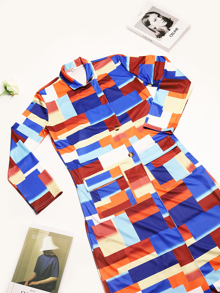 Plus Size Plaid Colorful Print Double-Breasted Lapel Coat