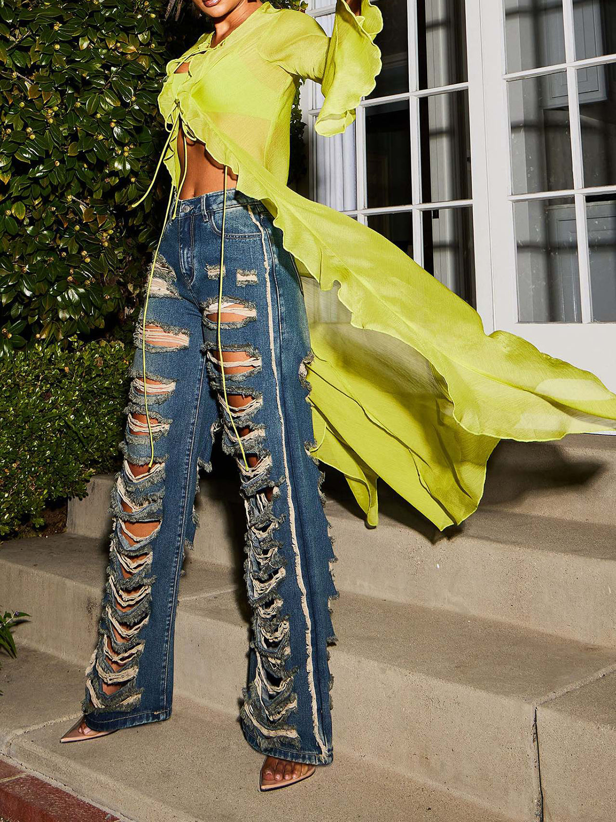 Vintage Distressed High-Waisted Flared Denim Jeans