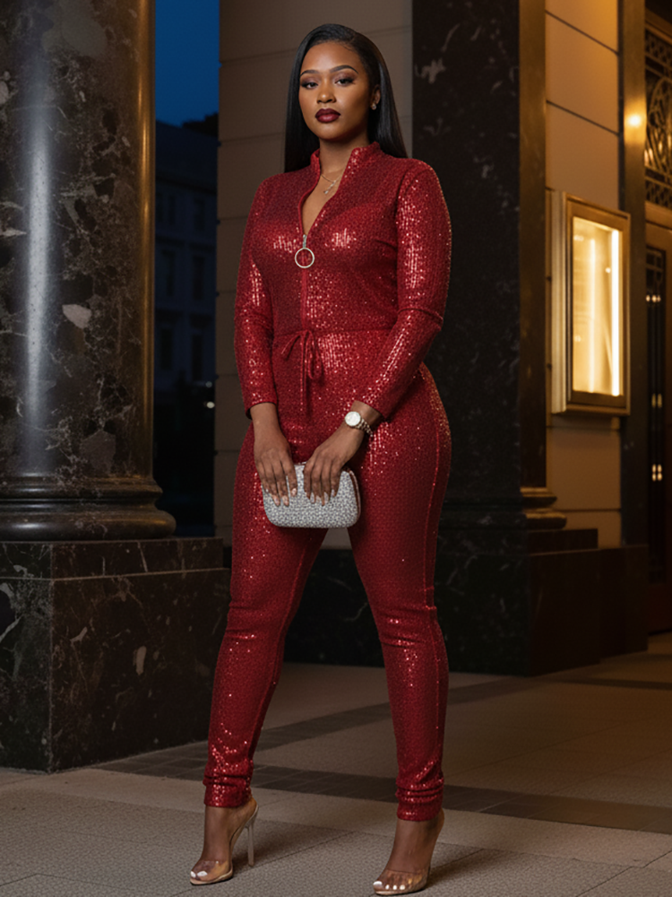 Long Sleeve Glitter Belted Jumpsuit