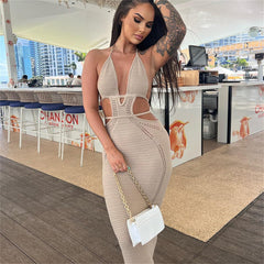 Knit Halter Backless Hollow Out Maxi Dress