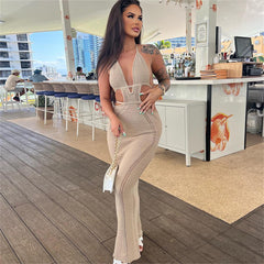 Knit Halter Backless Hollow Out Maxi Dress