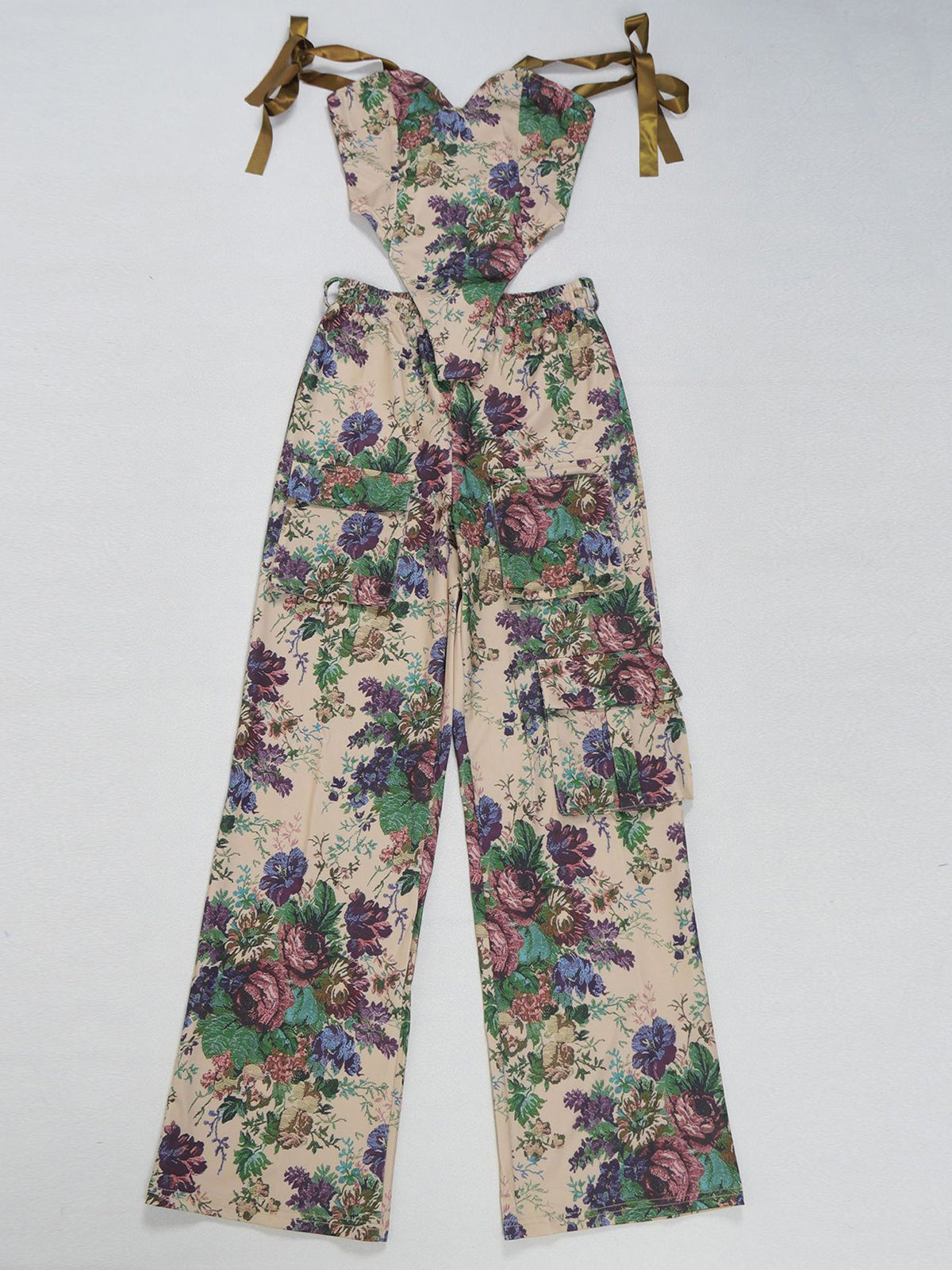 Two Pieces Print Lace-Up Cargo Pants Set