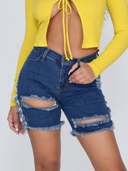 Distressed Elastic Ripped Knee Length Denim Shorts