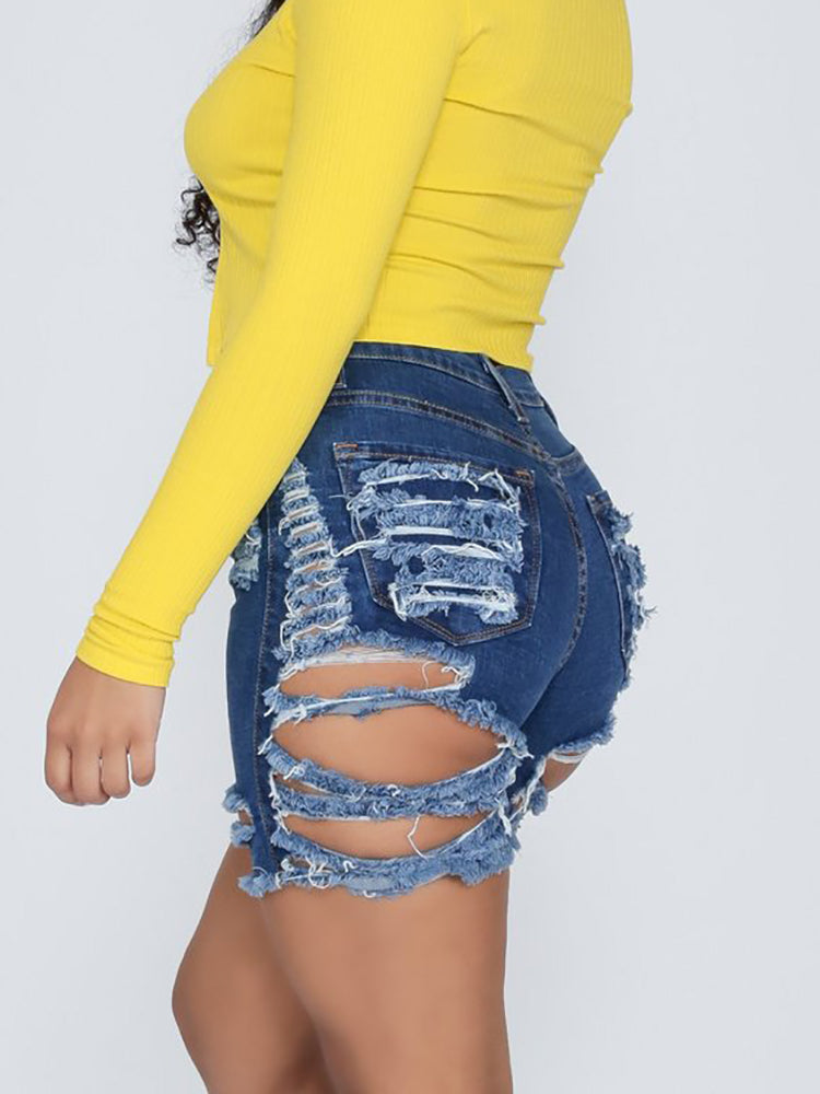 Distressed Elastic Ripped Knee Length Denim Shorts