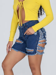Distressed Elastic Ripped Knee Length Denim Shorts